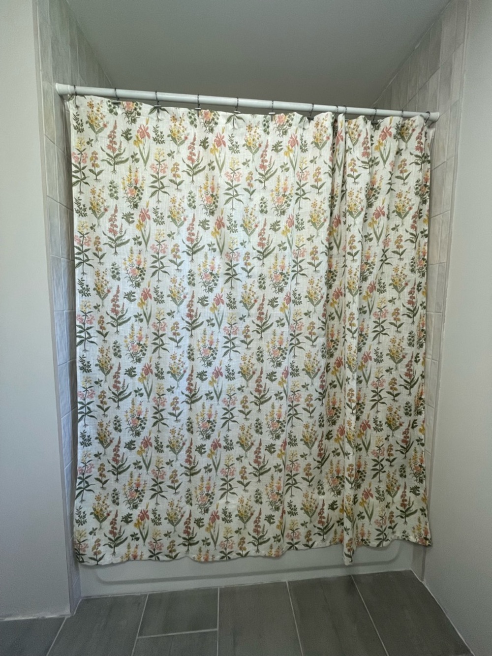 Floral Cotton Shower Curtain - Cream with Green & Pink Blooms